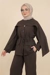 Cep Detaylı V Yaka Bağcıklı Fularlı Paraşüt Takım  -Kahve-Takım-223-3097-R15