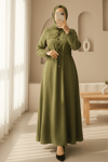 Cepleri Taşlı Beli Bağlamalı Kolu Lastikli Elbise   -Yağ Yeşili-Elbise-186-1713-R72