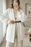 Cepli Balon Kol Oversize Buklet Ceket  -Beyaz-Hırka-253-12957-R02