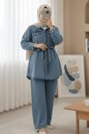 Cepli Beli Kemerli Düğmeli Kot Takım -Buz Mavi-Takım-197-4081-R37