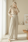 Cepli Bol Paça Pul Detaylı Kadife Pantolon   -Bej-Pantolon-346-3082-R56