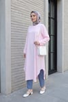 Cepli Yanları Yırtmaçlı Uzun Rayon Tunik  -Pudra