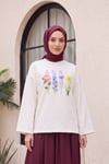 Çiçek Baskılı Bisiklet Yaka Oversize 2 İplik Penye Sweatshirt -Ekru