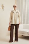 Tunik-Çiçek Boncuk Desenli Düğmeli Çilek Gömlek -Bej-199-259-R56