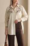 Tunik-Çiçek Boncuk Desenli Düğmeli Çilek Gömlek -Bej-199-259-R56
