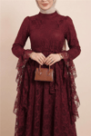 Çiçek Desenli Güpür Dantelli Kolu Volanlı Kemerli Astarlı Elbise -Bordo-Elbise-386-6294-R04