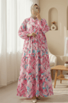 Çiçek Desenli Parçalı Kolu Lastikli Yarım Düğmeli Elbise -Mürdüm-Elbise-197-67863-R09