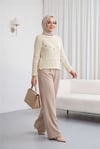 Çiçek Nakışlı Ajurlu Desenli Triko Kazak -Krem-Kazak-109-1229-R28