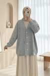 Çiçek Nakışlı Parlak Düğmeli Triko Hırka -Gri-Hırka-357-6248-R11