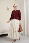 Çiçek Nakışlı Ponponlu Ajurlu Triko Hırka         -Bordo-Hırka-109-0642-R04
