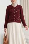 Çiçek Nakışlı Ponponlu Ajurlu Triko Hırka         -Bordo-Hırka-109-0642-R04