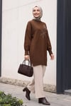 Çiçekli Boncuk İşlemeli Balon Kol Yırtmaçlı Triko Tunik  -Kahverengi