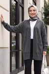Çift Cepli Ajurlu Önü Açık Triko Hırka -Füme
