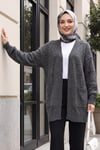 Çift Cepli Ajurlu Önü Açık Triko Hırka -Füme