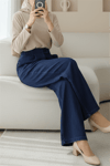 Çift Cepli Beli Lastikli Cırtlı Pileli Pantolon  -İndigo-Pantolon-417-17852-R21