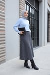 Çift Cepli Fermuarlı Ekose Desenli Kloş Etek -Füme