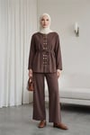 Çift Çıtçıt Detaylı Yuvarlak Yaka Bol Paça Pantolonlu Modal Takım -Kahve-Takım-403-3070-R15
