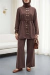 Çift Çıtçıt Detaylı Yuvarlak Yaka Bol Paça Pantolonlu Modal Takım -Kahve-Takım-403-3070-R15