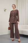 Çift Çıtçıt Detaylı Yuvarlak Yaka Bol Paça Pantolonlu Modal Takım -Kahve-Takım-403-3070-R15