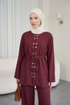 Çift Çıtçıt Detaylı Yuvarlak Yaka Bol Paça Pantolonlu Modal Takım -Bordo-Takım-403-3070-R04