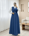 Çift Düğmeli Kemerli Kot Jile -İndigo-Elbise-186-718-R21
