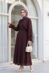 Çıkarılabilir Bolerolu Kemerli Astarlı İkili Tül Vual Elbise -Mürdüm