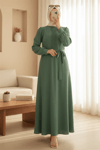 Çıma Detaylı Kemerli Ayrobin Elbise    -Haki-Açık Elbise-186-662-R05