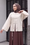 Çin Düğümü Kapamalı Hakim Yaka Paraşüt Kimono -Taş rengi