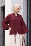 Çin Düğümü Kapamalı Hakim Yaka Paraşüt Kimono -Mürdüm