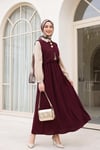 Çıtçıtlı Mini Yelekli Beli Lastikli Yarım Düğmeli Uzun Modal Elbise -Mürdüm