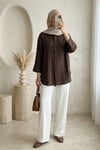 Çizgi Desen Oval Kesim Krinkıl Gömlek -Kahve-Gömlek-317-2416-R15