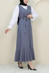Çizgili Beli Kuşaklı Gömlek Jile Takım -Gri-Jile Elbise-349-5063-R11