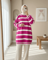 تونيك حجاب شتوي مخطط - فوشيا-Triko Tunik-109-9509-R14