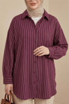 Çizgili Yırtmaçlı Salaş Linda Gömlek -Bordo-Gömlek-277-4013-R04