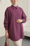 Çizgili Yırtmaçlı Salaş Linda Gömlek -Bordo-Gömlek-277-4013-R04