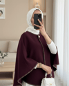 Çoban Dikişli Cepli Kaşe Panço -Mürdüm-Trençkot-307-0018-R09