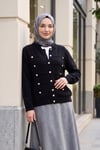 Çok Düğmeli Polo Yaka Yumoş Triko Hırka -Siyah