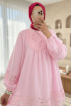 Dantel Detaylı Yakası Bağlamalı Kolu Lastikli Gömlek -Pembe-Gömlek-307-2305-R20