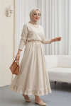 Etek-Dantel İşlemeli Beli Lastikli Etek   -Bej-307-2329-R56
