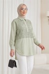 Dantel İşlemeli Eteği Düğme Detaylı Gömlek   -Çağla Yeşili-Tunik-307-61640-R70