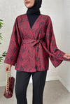 Dijital Baskılı Beli Kemerli Kapitone Kimono -Kırmızı-Kimono & Kaftan-307-0016-R33