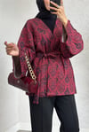 Dijital Baskılı Beli Kemerli Kapitone Kimono -Kırmızı-Kimono & Kaftan-307-0016-R33