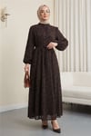 Dik Yaka Beli Bağcıklı Kolu Lastikli Astarlı Flog Baskılı Elbise -K. Kahve-Elbise-138-2597-R54