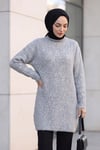 Dik Yaka Desenli Yumoş Triko Tunik  -Açık Gri