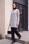 Dik Yaka Desenli Yumoş Triko Tunik  -Açık Gri
