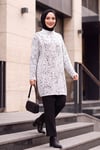 Dik Yaka Desenli Yumoş Triko Tunik  -Beyaz