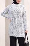 Dik Yaka Desenli Yumoş Triko Tunik  -Beyaz