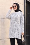 Dik Yaka Desenli Yumoş Triko Tunik  -Beyaz