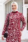 Dik Yaka Desenli Yumoş Triko Tunik  -Bordo