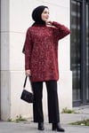 Dik Yaka Desenli Yumoş Triko Tunik  -Bordo